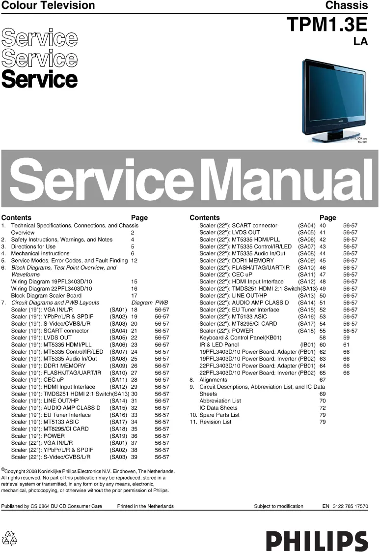 Philips 19pfl3403d 22pfl3403d service manual cover with photo of the television, TV type, chassis code, model code, creation date and document number