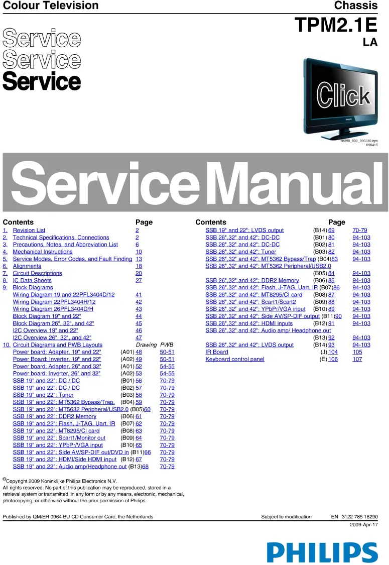 Philips 19pfl3404d 22pfl3404d service manual cover with photo of the television, TV type, chassis code, model code, creation date and document number