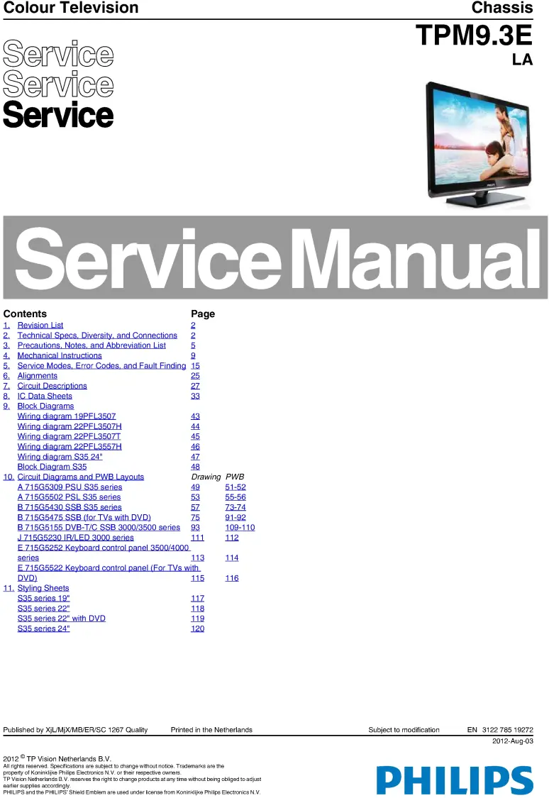 Philips 19pfl3507h service manual cover with photo of the television, TV type, chassis code, model code, creation date and document number