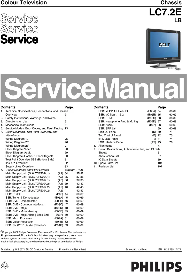 Philips 19pfl5602d service manual cover with photo of the television, TV type, chassis code, model code, creation date and document number