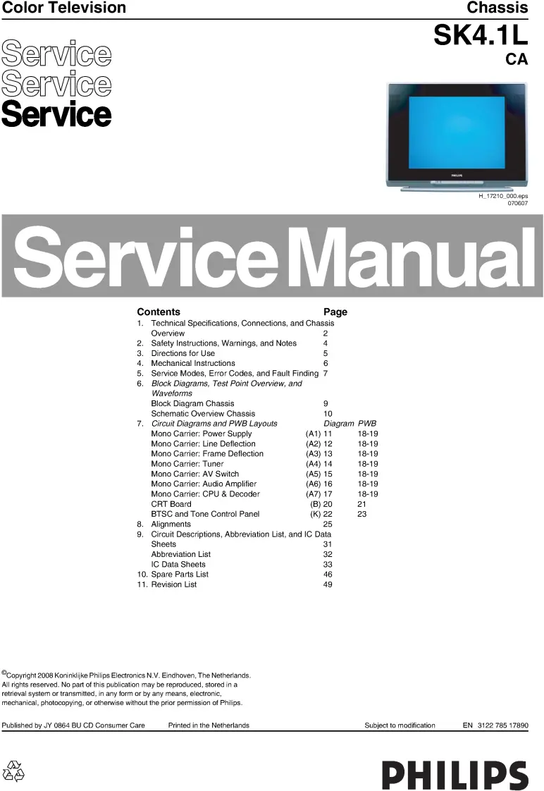 Philips 21pt9467c service manual cover with photo of the television, TV type, chassis code, model code, creation date and document number