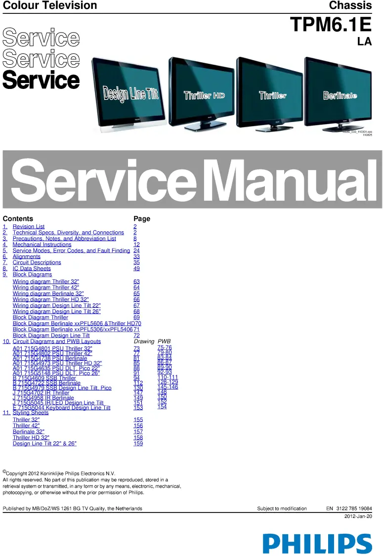 Philips 22pdl4906h service manual cover with photo of the television, TV type, chassis code, model code, creation date and document number