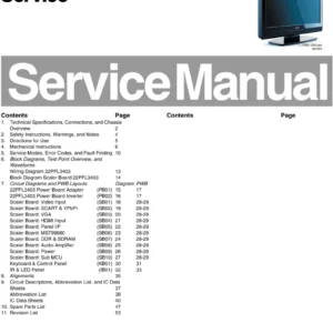 Philips 22pfl3403 service manual cover with photo of the television, TV type, chassis code, model code, creation date and document number
