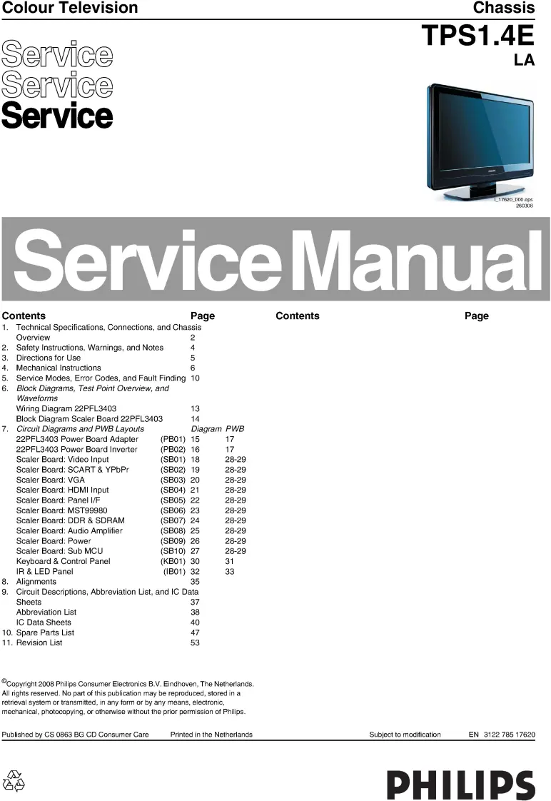 Philips 22pfl3403 service manual cover with photo of the television, TV type, chassis code, model code, creation date and document number