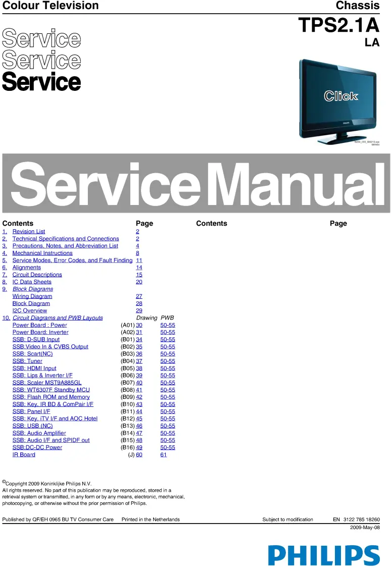 Philips 22pfl3409 service manual cover with photo of the television, TV type, chassis code, model code, creation date and document number