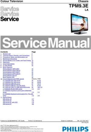 Philips 22pfl3507h service manual cover with photo of the television, TV type, chassis code, model code, creation date and document number