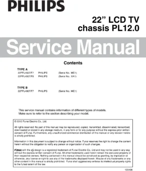 Philips 22pfl4907 service manual cover with photo of the television, TV type, chassis code, model code, creation date and document number