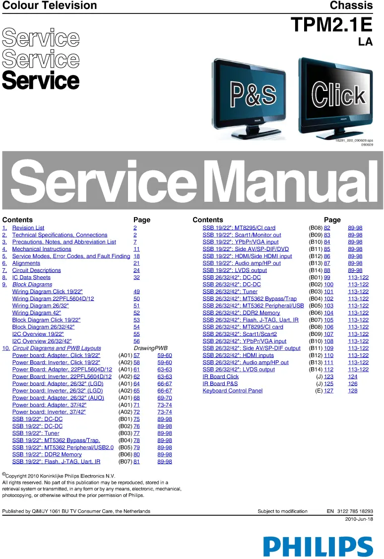 Philips 22pfl5604d service manual cover with photo of the television, TV type, chassis code, model code, creation date and document number