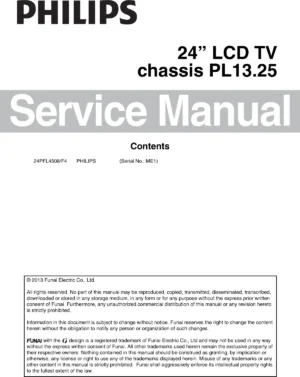 Philips 24pfl4508 pl13.25 service manual cover with photo of the television, TV type, chassis code, model code, creation date and document number