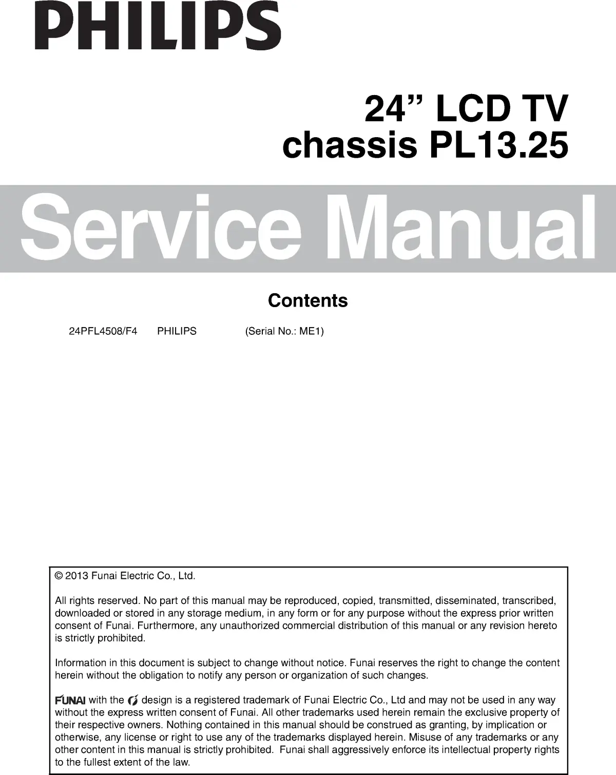 Philips 24pfl4508 pl13.25 service manual cover with photo of the television, TV type, chassis code, model code, creation date and document number