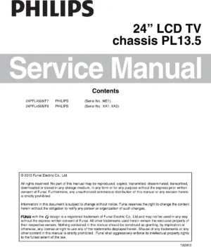 Philips 24pfl4508 pl13.5 service manual cover with photo of the television, TV type, chassis code, model code, creation date and document number