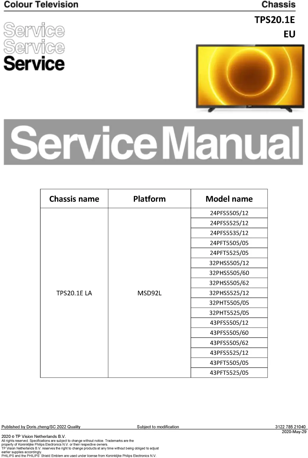 Philips 24pfs5505 24pfs5525 24pfs5535 24pft5505 24pft5525 service manual cover with photo of the television, TV type, chassis code, model code, creation date and document number