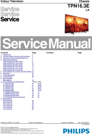 Philips 24phs4031 24pht4031 24pfs5231 24pft5231 tpn16.3ela service manual cover with photo of the television, TV type, chassis code, model code, creation date and document number