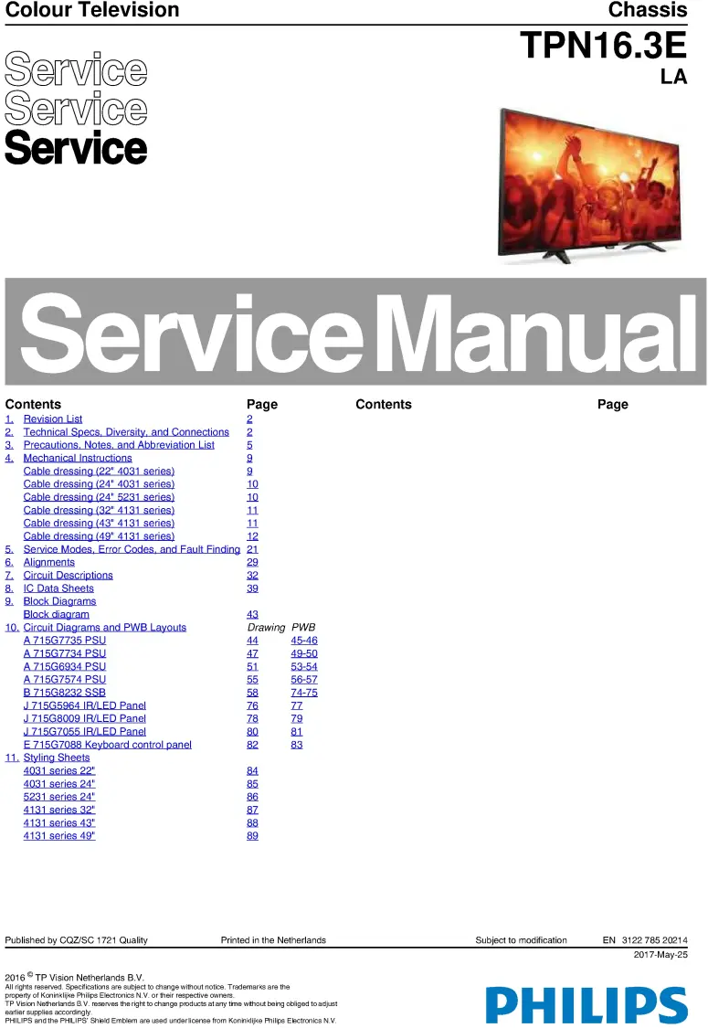 Philips 24phs4031 24pht4031 24pfs5231 24pft5231 tpn16.3ela service manual cover with photo of the television, TV type, chassis code, model code, creation date and document number