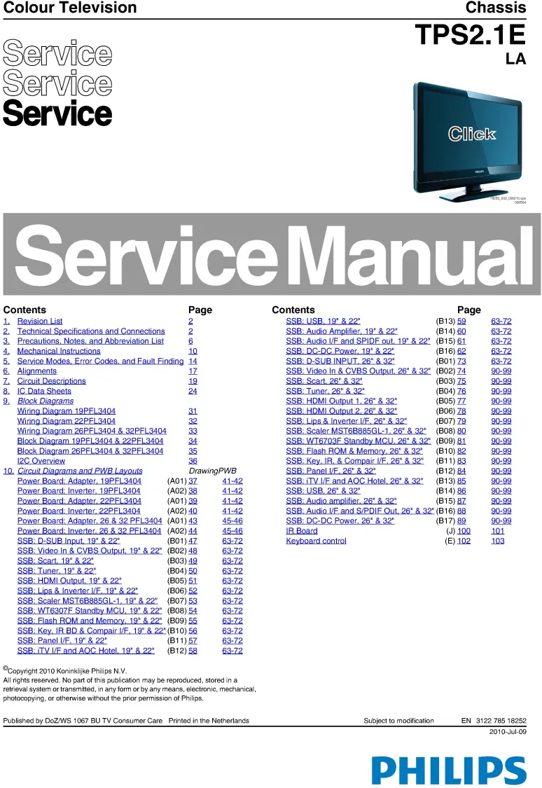 Philips 26pfl3404 service manual cover with photo of the television, TV type, chassis code, model code, creation date and document number
