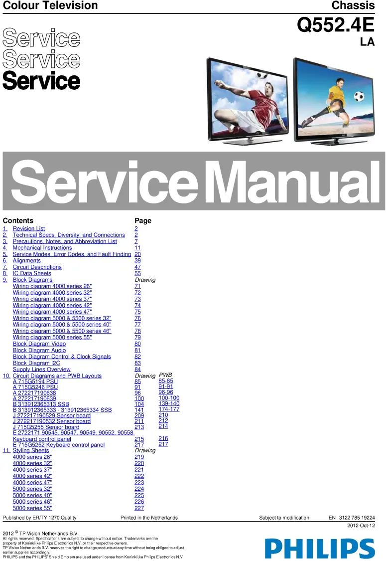 Philips 26pfl4007t service manual cover with photo of the television, TV type, chassis code, model code, creation date and document number