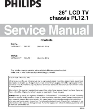 Philips 26pfl4507 service manual cover with photo of the television, TV type, chassis code, model code, creation date and document number