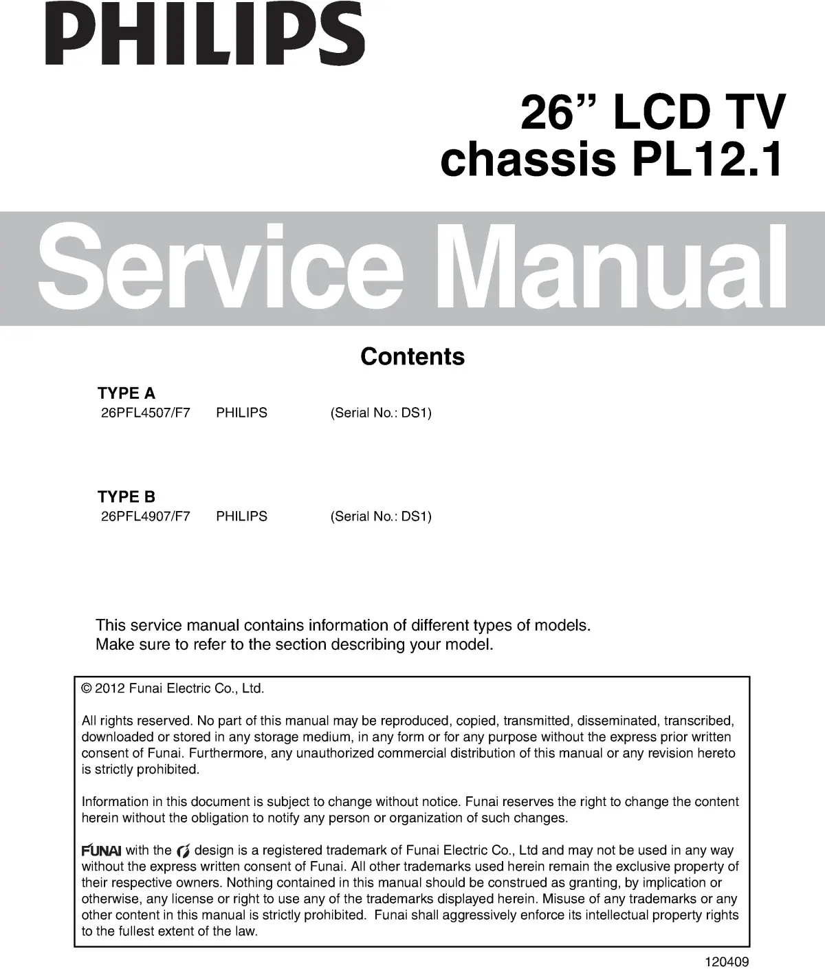Philips 26pfl4507 service manual cover with photo of the television, TV type, chassis code, model code, creation date and document number