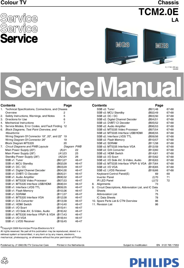 Philips 26pfl5403d service manual cover with photo of the television, TV type, chassis code, model code, creation date and document number