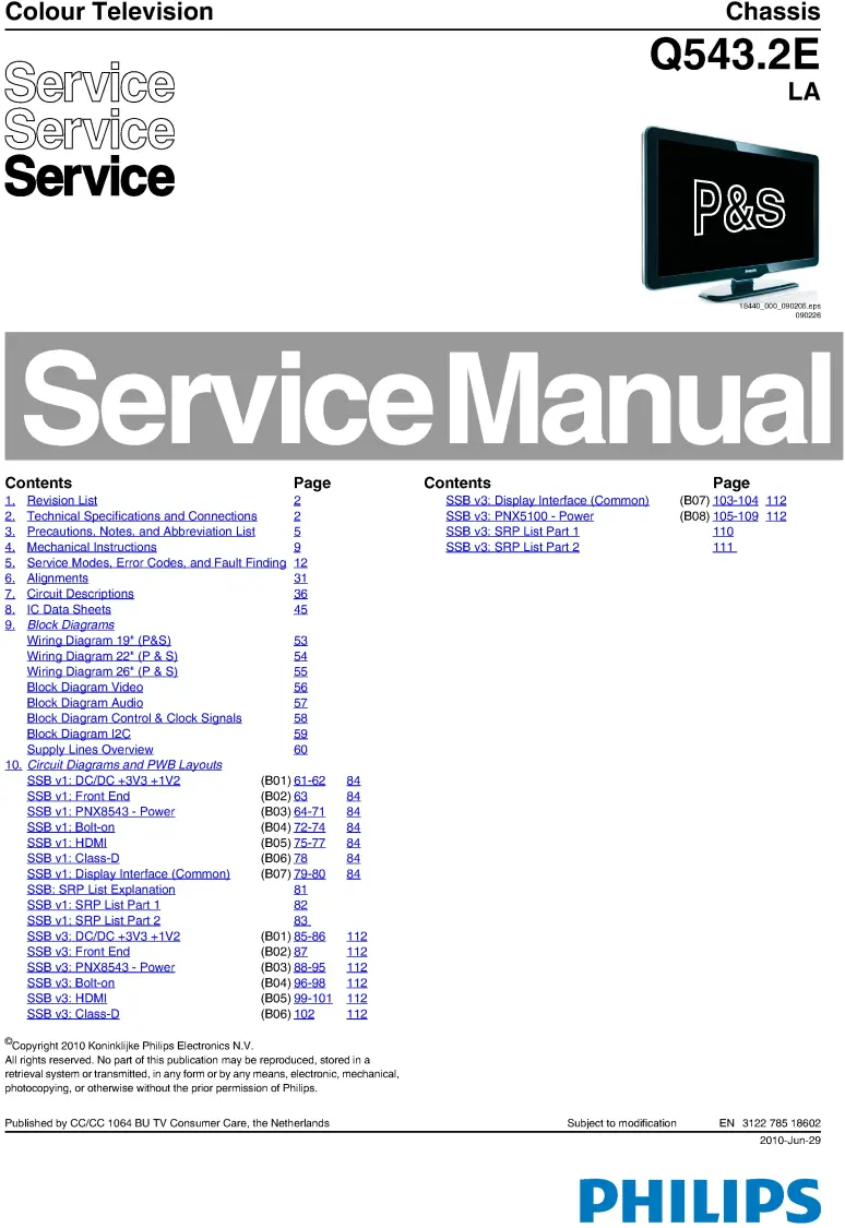 Philips 26pfl5604h service manual cover with photo of the television, TV type, chassis code, model code, creation date and document number