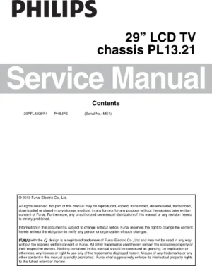 Philips 29pfl4508 pl13.21 service manual cover with photo of the television, TV type, chassis code, model code, creation date and document number