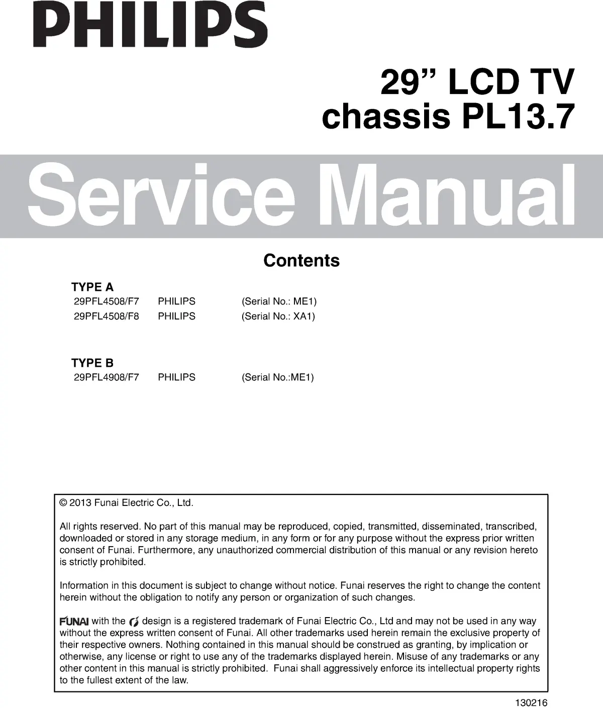 Philips 29pfl4508 pl13.7 service manual cover with photo of the television, TV type, chassis code, model code, creation date and document number