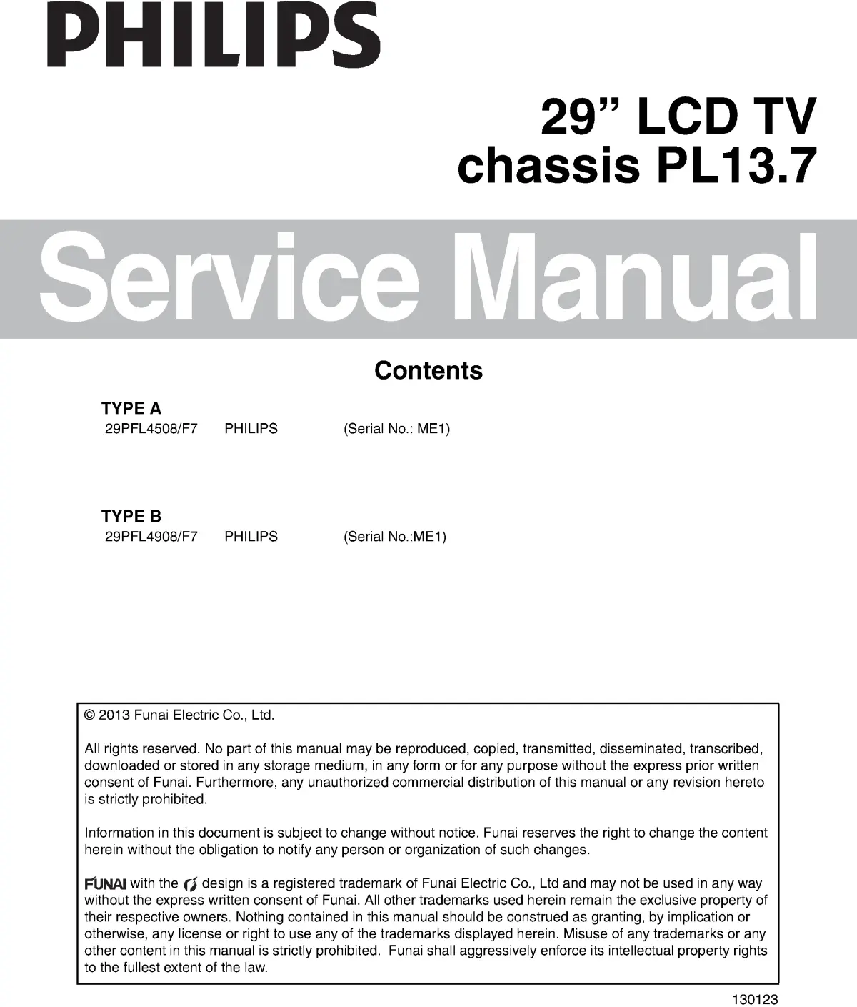 Philips 29pfl4508 service manual cover with photo of the television, TV type, chassis code, model code, creation date and document number