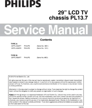 Philips 29pfl4908 pl13.7 service manual cover with photo of the television, TV type, chassis code, model code, creation date and document number
