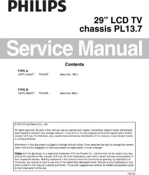 Philips 29pfl4908 service manual cover with photo of the television, TV type, chassis code, model code, creation date and document number