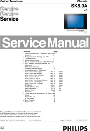 Philips 29pt6807 service manual cover with photo of the television, TV type, chassis code, model code, creation date and document number