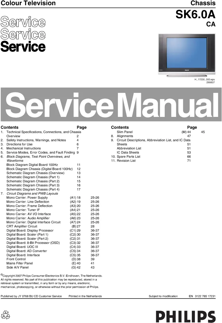 Philips 29pt8667 service manual cover with photo of the television, TV type, chassis code, model code, creation date and document number