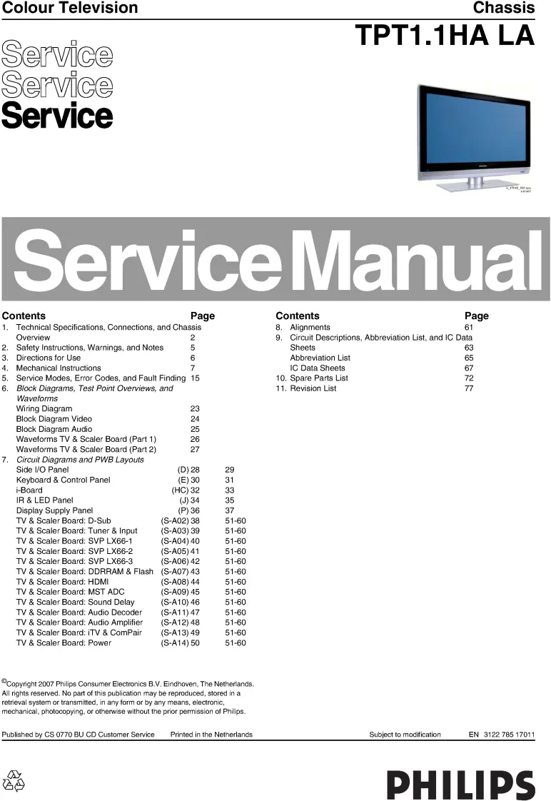 Philips 32hf7445 32hf7445 service manual cover with photo of the television, TV type, chassis code, model code, creation date and document number