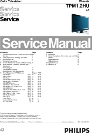 Philips 32hfl3330d service manual cover with photo of the television, TV type, chassis code, model code, creation date and document number