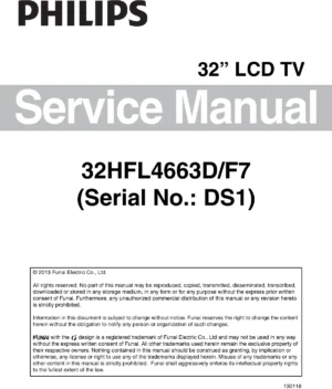 Philips 32hfl4663d service manual cover with photo of the television, TV type, chassis code, model code, creation date and document number