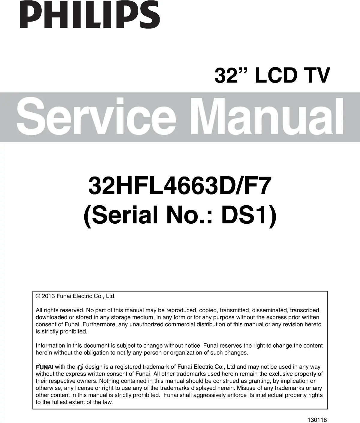 Philips 32hfl4663d service manual cover with photo of the television, TV type, chassis code, model code, creation date and document number