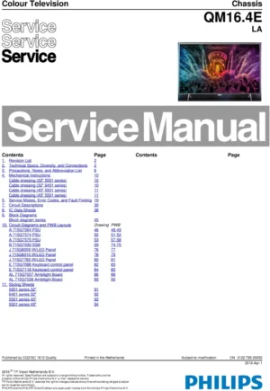 Philips 32pfh5501 32pft5501 32pfs5501 32pfs6401 qm16.4ela service manual cover with photo of the television, TV type, chassis code, model code, creation date and document number
