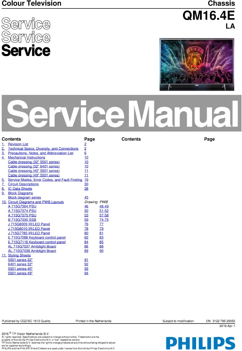 Philips 32pfh5501 32pft5501 32pfs5501 32pfs6401 qm16.4ela service manual cover with photo of the television, TV type, chassis code, model code, creation date and document number