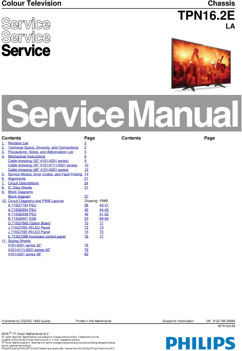 Philips 32pfk4101 32phk4101 service manual cover with photo of the television, TV type, chassis code, model code, creation date and document number