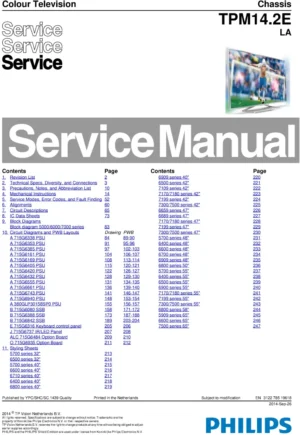 Philips 32pfk5709 32pfs5709 32pfk6509 service manual cover with photo of the television, TV type, chassis code, model code, creation date and document number