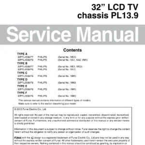 Philips 32pfl2908 32pfl2508 service manual cover with photo of the television, TV type, chassis code, model code, creation date and document number