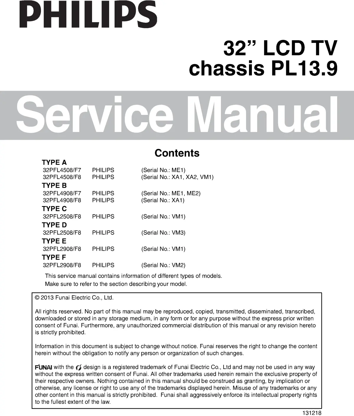 Philips 32pfl2908 32pfl2508 service manual cover with photo of the television, TV type, chassis code, model code, creation date and document number