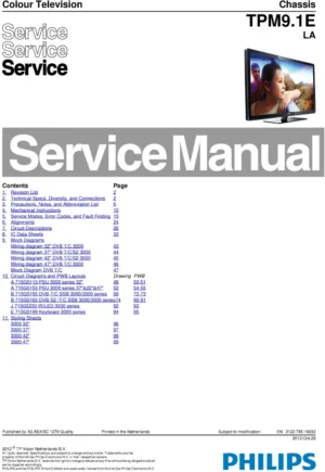 Philips 32pfl3017k service manual cover with photo of the television, TV type, chassis code, model code, creation date and document number