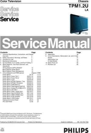 Philips 32pfl3403d service manual cover with photo of the television, TV type, chassis code, model code, creation date and document number