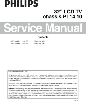 Philips 32pfl3509 service manual cover with photo of the television, TV type, chassis code, model code, creation date and document number