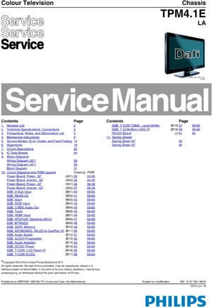 Philips 32pfl3605 42pfl3605 service manual cover with photo of the television, TV type, chassis code, model code, creation date and document number