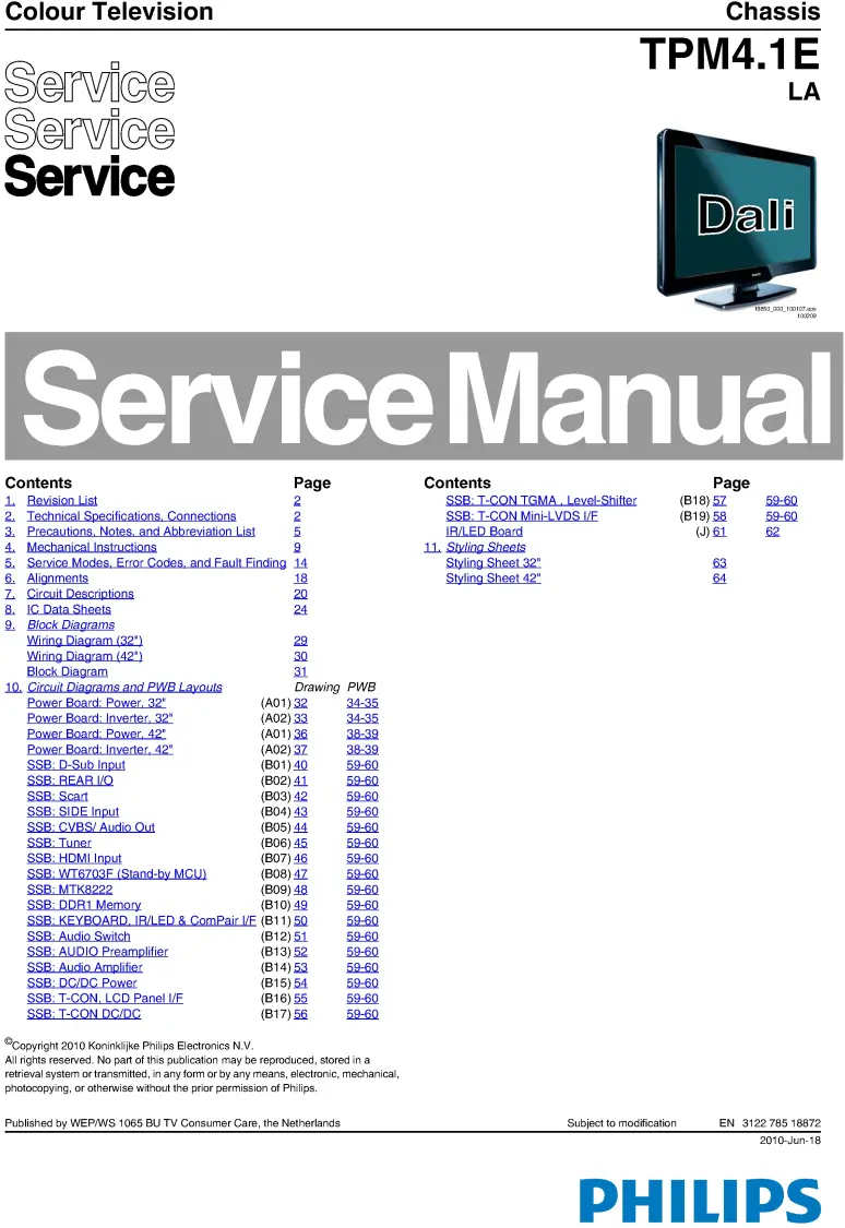 Philips 32pfl3605 42pfl3605 service manual cover with photo of the television, TV type, chassis code, model code, creation date and document number