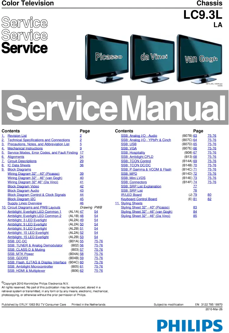 Philips 32pfl3805d service manual cover with photo of the television, TV type, chassis code, model code, creation date and document number