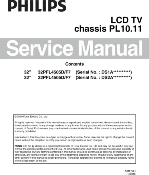 Philips 32pfl4505d service manual cover with photo of the television, TV type, chassis code, model code, creation date and document number