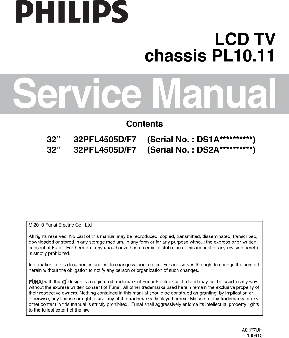 Philips 32pfl4505d service manual cover with photo of the television, TV type, chassis code, model code, creation date and document number