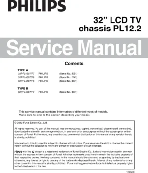 Philips 32pfl4507 service manual cover with photo of the television, TV type, chassis code, model code, creation date and document number